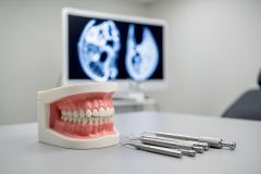 A realistic dental model and silver dental instruments rest on a clean surface in a bright clinic. In the blurred background, a computer monitor shows a detailed dental X-ray, representing modern oral healthcare and diagnostic technology. This professional setting emphasizes dental hygiene and clinical expertise.