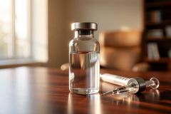 A clear glass medical vial filled with liquid sits on a polished wooden surface next to a syringe. The background features a warm, blurred indoor setting with a chair and bookshelf, illuminated by soft natural light. This professional image captures healthcare, medicine, or vaccination themes in a clinical context.