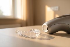Clear dental aligners rest on a neutral-toned surface next to a sleek, grey handheld dental scanner. The scene is illuminated by soft, warm sunlight streaming from a window, highlighting the transparent texture of the orthodontic trays. This professional image captures modern digital dentistry and clear aligner treatment technology in a bright, clean environment.