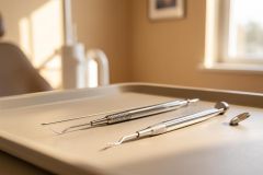 Professional silver dental instruments, including a probe and a dental mirror, lie on a clean grey tray in a brightly lit dental office. The warm, sunlit background features a blurred dental chair and window, conveying a sterile and modern healthcare environment for oral care and dentistry.