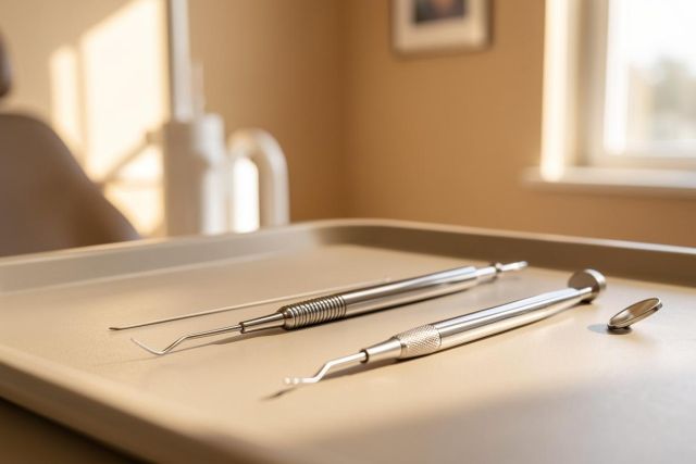 Professional silver dental instruments, including a probe and a dental mirror, lie on a clean grey tray in a brightly lit dental office. The warm, sunlit background features a blurred dental chair and window, conveying a sterile and modern healthcare environment for oral care and dentistry.