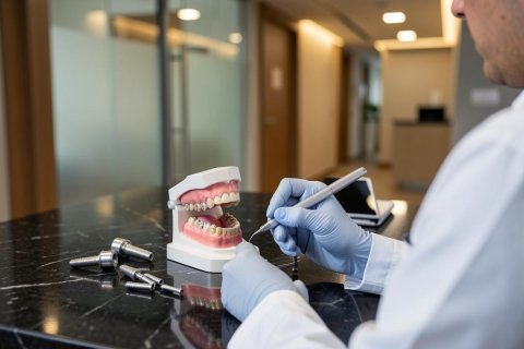 A dental professional wearing blue gloves and a white lab coat works with a human teeth model and dental implants on a black marble countertop in a modern, brightly lit dental clinic. This close-up shot highlights professional dental care and restorative procedures in a clean clinical environment.