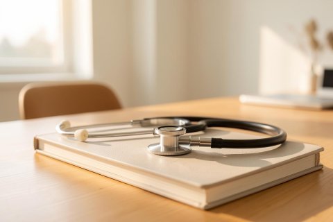 A professional silver stethoscope lies on a thick hardcover book atop a wooden desk in a bright, sunlit medical office or study. The warm, neutral tones and soft natural light from a nearby window create a calm healthcare environment, perfect for medical education or doctor workspace themes.