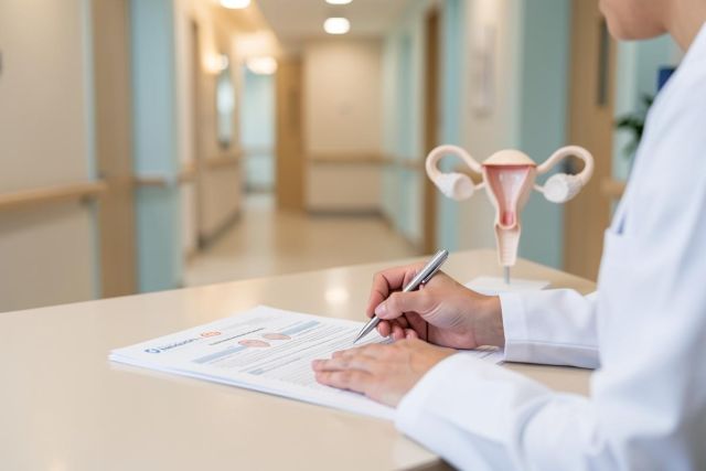 A medical professional in a white lab coat writes on paperwork in a bright clinical office. An anatomical model of the female reproductive system, showing the uterus and ovaries, sits on the desk. The scene depicts gynecological health, medical consultation, and anatomy study within a professional hospital environment.