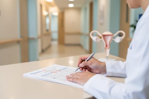 A medical professional in a white lab coat writes on paperwork in a bright clinical office. An anatomical model of the female reproductive system, showing the uterus and ovaries, sits on the desk. The scene depicts gynecological health, medical consultation, and anatomy study within a professional hospital environment.