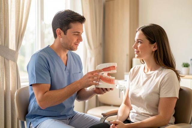 A professional male dentist in blue scrubs explains dental care using a tooth model to a female patient in a bright, modern dental clinic. The scene features natural light from a window with beige curtains, creating a friendly atmosphere. This image captures a dental consultation focusing on oral health education and patient communication in a clean, clinical setting.