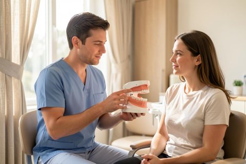 A professional male dentist in blue scrubs explains dental care using a tooth model to a female patient in a bright, modern dental clinic. The scene features natural light from a window with beige curtains, creating a friendly atmosphere. This image captures a dental consultation focusing on oral health education and patient communication in a clean, clinical setting.