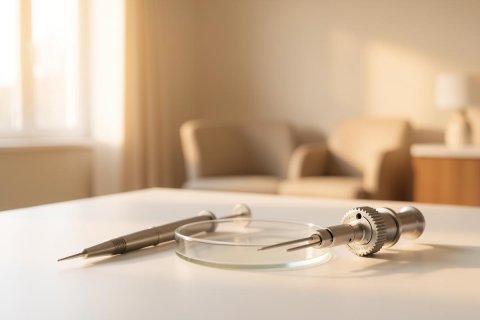 A clear glass Petri dish and two silver metallic scientific measuring instruments rest on a bright white tabletop. The background features a softly blurred, warm interior with golden sunlight streaming through a window, a beige armchair, and a lamp, creating a clean and professional atmosphere.