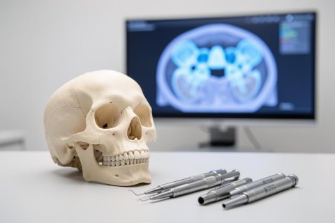 A human skull model and silver dental instruments sit on a desk in a medical setting. In the blurred background, a computer monitor displays a blue medical scan, highlighting themes of dentistry, oral health, and clinical research.