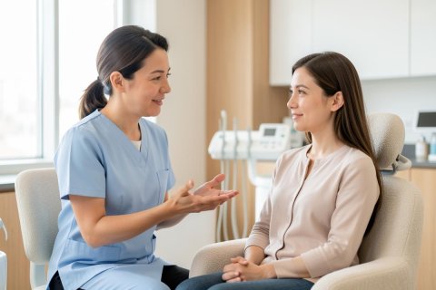 A friendly dental professional in blue scrubs conducts a consultation with a female patient in a bright, modern dental office. The patient sits in a dental chair during an oral health checkup. The scene features soft lighting, professional dental equipment, and a clean clinical environment.