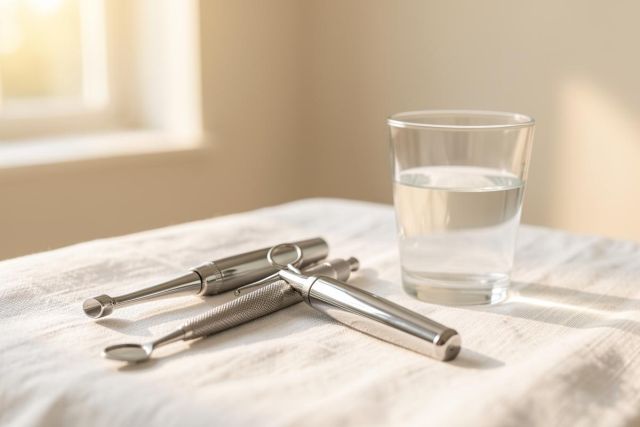 Professional silver dental instruments and a clear glass of water rest on a white linen tablecloth. The scene is illuminated by soft, warm natural sunlight from a window, creating a bright, clean, and sterile atmosphere. This high-quality close-up highlights dental hygiene tools in a peaceful, well-lit setting.
