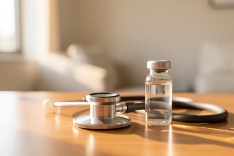 A professional stethoscope and a clear glass medicine vial rest on a wooden table bathed in warm, natural sunlight. The soft-focus background suggests a bright medical clinic or doctor's office. This high-quality image captures essential healthcare tools, symbolizing medical treatment, vaccination, and wellness in a serene atmosphere.