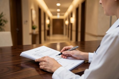 A medical professional in a white coat carefully writes on a document using a pen on a dark wooden desk. The background features a blurred, warm-toned hospital or clinic hallway, suggesting a professional healthcare setting.