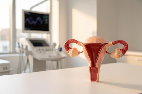 A detailed anatomical model of the female reproductive system, showing the uterus, fallopian tubes, and ovaries, placed on a white medical table. The background features a blurred ultrasound machine in a bright, clean clinical environment. This professional setting highlights gynecological health, reproductive anatomy, and medical education in a healthcare context.