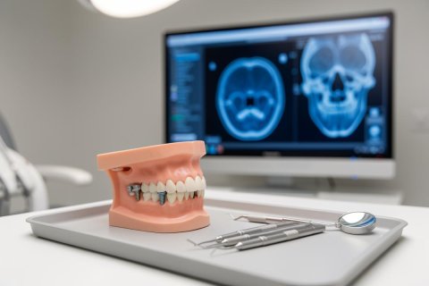 A dental model with implants and professional dental tools rests on a tray in a modern clinic. The background features a computer monitor displaying medical imaging of a skull and brain, showcasing advanced dental technology, oral health diagnostics, and medical imaging in a professional healthcare setting.