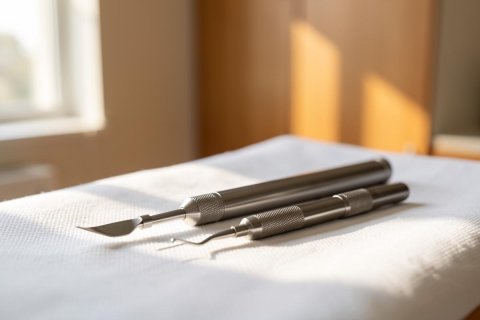 Two stainless steel surgical or dental tools rest on a white sterile cloth in a brightly lit room. Warm natural sunlight streams through a window, creating soft shadows and highlights on the metallic instruments. The blurred indoor background suggests a professional medical or dental clinic setting.