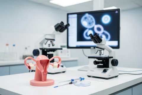 A professional medical laboratory setting featuring an anatomical model of the female reproductive system in pink. The scene includes two scientific microscopes, a computer monitor displaying microscopic cell structures, and lab tools like pipettes and a petri dish on a clean white workbench. This clinical environment highlights reproductive health research and biological science.