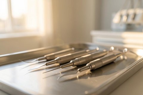A collection of professional stainless steel dental instruments resting on a metallic tray in a brightly lit dental clinic. Warm sunlight streams through a window, casting a soft glow over the medical tools. The clean, clinical setting emphasizes hygiene and professional dental care preparation.