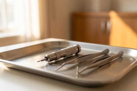 Stainless steel medical and dental instruments, including a small handpiece and precision tweezers, rest on a clean metal tray. The scene is illuminated by bright, warm natural sunlight from a window, creating a professional and sterile clinical environment. The background features soft-focus wooden cabinetry, emphasizing a bright, modern healthcare or laboratory setting.