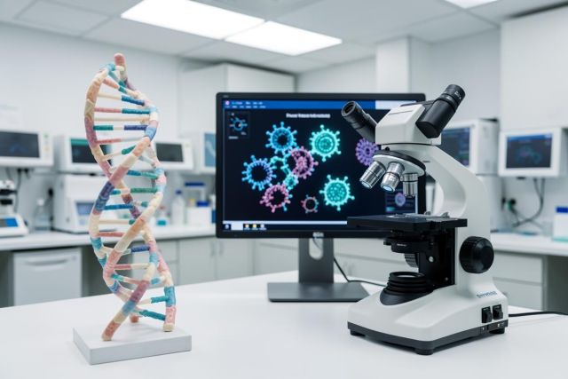 Modern biotechnology laboratory featuring a DNA double helix model, a professional microscope, and a computer monitor displaying colorful virus diagrams. This scientific research environment highlights genetics, virology, and medical science in a clean, bright setting.
