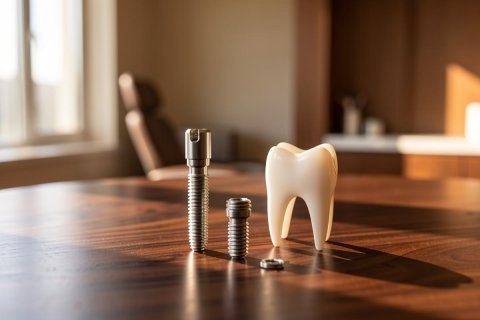 Close-up of dental implant components, including a metallic screw, a small abutment, and a white prosthetic tooth crown on a polished wooden table. The background features a blurred dental office setting with a dentist chair and warm natural sunlight, highlighting professional restorative dentistry and oral healthcare.