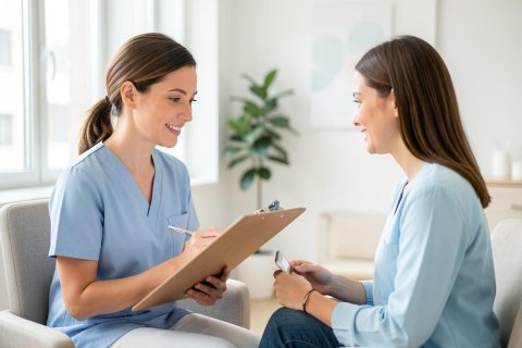 A smiling healthcare professional in blue scrubs holds a clipboard while consulting with a female patient in a bright, modern clinic. The scene features soft natural light, a minimalist interior with a green plant, and a professional atmosphere, ideal for medical, wellness, or home care service themes.