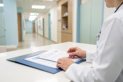 A healthcare professional in a white lab coat reviews medical documents on a blue clipboard atop a white desk. The background features a bright, blurred hospital corridor with clean, modern clinic interiors, emphasizing a professional medical setting.
