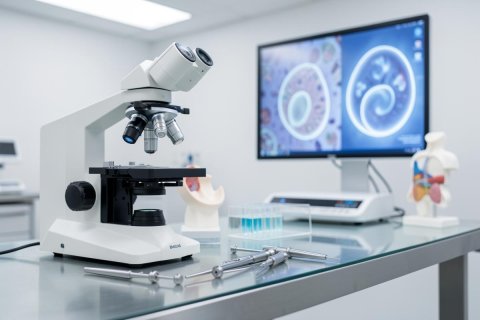 A white laboratory microscope sits on a glass desk in a clean, modern medical research facility. The background features a computer monitor displaying blue microscopic cell structures and an anatomical human torso model. This professional scientific setting highlights microbiology, clinical diagnostics, and advanced medical laboratory research.
