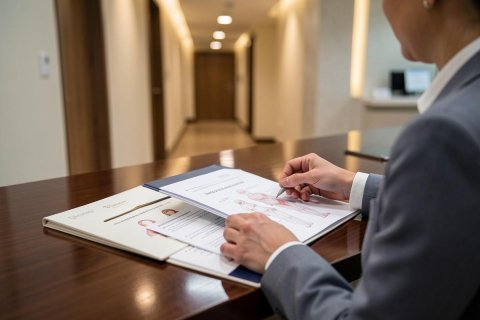 A professional person in a grey business suit reviews documents on a dark wood desk in a modern office or hotel lobby. The background features a long, well-lit corridor. The scene captures a formal business transaction, administrative task, or hotel check-in process with warm, neutral tones.