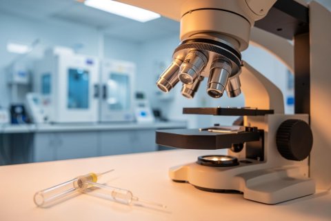 Close-up of a high-precision laboratory microscope on a white table with glass syringes nearby. The background features a blurred medical research facility with advanced scientific equipment and cool blue tones, suggesting a professional biotechnology or clinical testing environment.