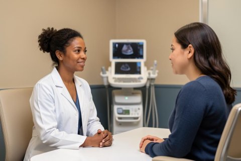 A female doctor in a white lab coat conducts a medical consultation with a female patient in a clinic. An ultrasound machine is visible in the background, indicating a diagnostic setting. The image shows a professional healthcare interaction in a bright, modern medical office with neutral tones.