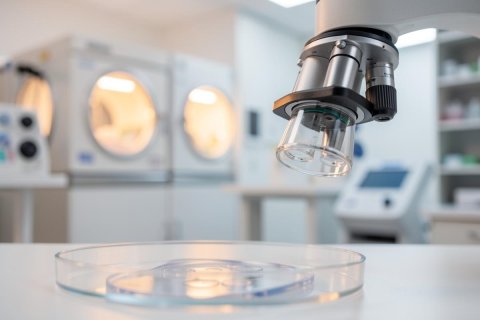 Close-up of a microscope objective lens hovering over a clear Petri dish in a bright, modern microbiology laboratory. The background shows blurred scientific incubators and medical research equipment in a clean, professional setting. The scene features neutral white and silver tones with warm lighting, perfect for biotechnology and scientific research themes.