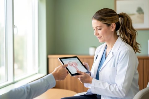 A female doctor wearing a white lab coat and blue scrubs uses a tablet to show a medical diagram of a uterus to a patient in a bright, sunlit clinic. The setting features light green walls and natural light from a large window, highlighting a professional healthcare consultation.