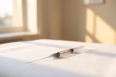 A medical syringe with a needle lies on a clean white surface in a bright, sunlit room. Warm natural light streams through a window, casting soft shadows across the clinical setting. This image captures a calm healthcare environment, suitable for medical, vaccination, or pharmaceutical contexts.