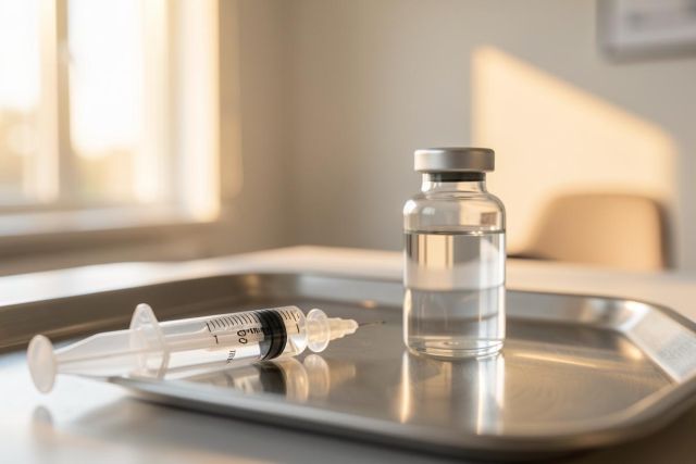 A medical vial filled with clear liquid and a plastic syringe rest on a stainless steel tray in a bright, sunlit clinical setting. The warm, soft lighting and blurred background suggest a doctor's office or hospital environment. This image is ideal for healthcare, vaccination, or medical treatment contexts.