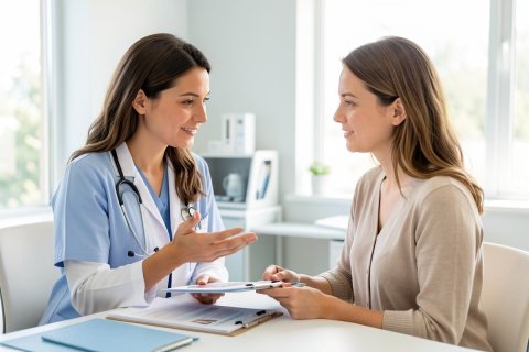 A female doctor in blue scrubs and a stethoscope conducts a medical consultation with a female patient in a bright, modern clinic. Sitting at a white table, the doctor uses a digital tablet to explain information to the patient. The well-lit medical office features large windows and a professional healthcare atmosphere.