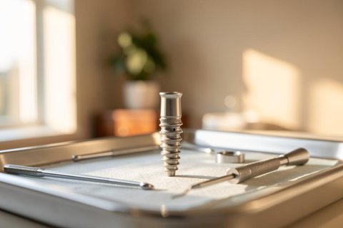 Professional close-up of a metallic dental implant and surgical tools on a sterile stainless steel tray. The scene is set in a bright, sunlit dental clinic with a soft bokeh background featuring a window and a green plant. Warm natural light illuminates the medical instruments, highlighting the precision of dental implantology procedures.