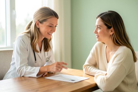 A smiling female doctor in a white lab coat and stethoscope conducts a medical consultation with a female patient at a wooden table. They are reviewing a document in a bright, modern clinic with light green walls and natural light, highlighting a professional healthcare interaction.