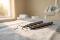 Professional stainless steel dental instruments, including a dental explorer and scaler, resting on a white textured medical drape. The scene is set in a bright, sunlit dental clinic with a soft bokeh background showing medical equipment and a window. Warm natural light enhances the clean, sterile, and professional dental care environment.