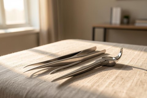 Close-up of stainless steel surgical tweezers and medical forceps resting on a light beige textured cloth. Warm natural sunlight illuminates the metallic instruments, creating soft shadows. The blurred background shows a bright, clean room with a window, perfect for medical, healthcare, or laboratory-themed content.