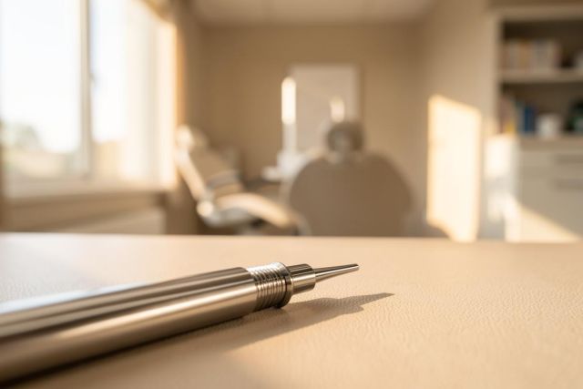 A close-up shot of a sleek, silver metallic dental instrument resting on a light-colored surface. The background is softly blurred, showing a sunlit dental office with a professional chair and clinical equipment. The warm, bright lighting enhances the clean and sterile medical environment.