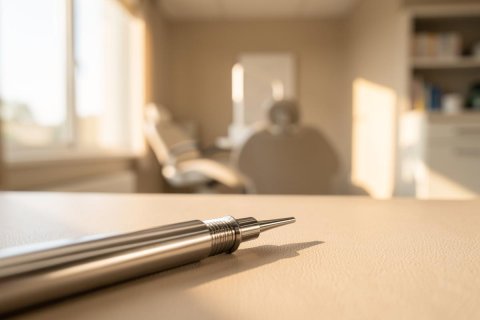 A close-up shot of a sleek, silver metallic dental instrument resting on a light-colored surface. The background is softly blurred, showing a sunlit dental office with a professional chair and clinical equipment. The warm, bright lighting enhances the clean and sterile medical environment.