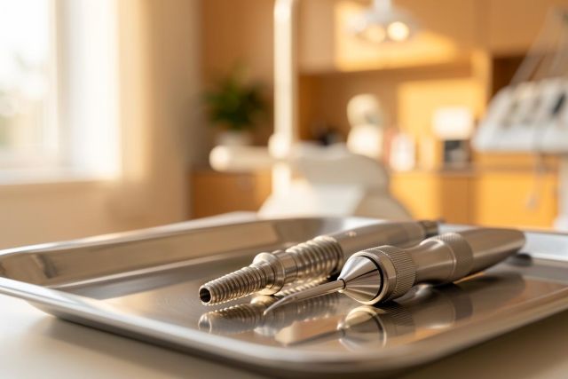 Professional dental instruments and handpieces resting on a clean stainless steel tray in a dental clinic. The background features a blurred dentist office with warm lighting, medical cabinets, and equipment, highlighting a clean and professional healthcare environment.