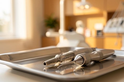 Professional dental instruments and handpieces resting on a clean stainless steel tray in a dental clinic. The background features a blurred dentist office with warm lighting, medical cabinets, and equipment, highlighting a clean and professional healthcare environment.