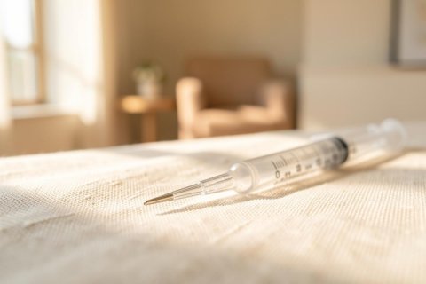 A close-up view of a medical syringe with a needle resting on a textured, light-colored fabric surface. The scene is illuminated by warm, natural sunlight streaming from a window, creating soft shadows. A blurred domestic background featuring a chair and a small plant provides a calm, home healthcare context with neutral, warm tones.
