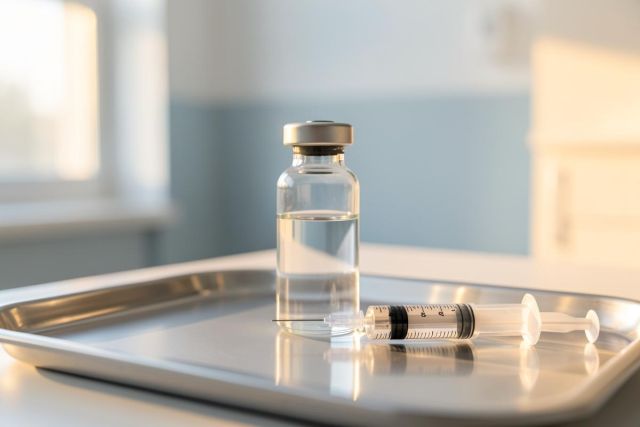 A medical glass vial filled with clear liquid and a syringe resting on a stainless steel tray. The scene is set in a bright, sterile clinical environment with soft natural light, emphasizing themes of healthcare, vaccination, medicine, and laboratory research.