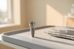 A close-up of a metallic dental implant standing on a grey medical tray next to professional dental instruments. The scene is set in a bright, sunlit dental clinic with soft, warm lighting, highlighting the clean and sterile environment used for oral surgery and dental procedures.