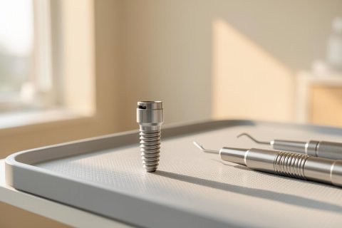A close-up of a metallic dental implant standing on a grey medical tray next to professional dental instruments. The scene is set in a bright, sunlit dental clinic with soft, warm lighting, highlighting the clean and sterile environment used for oral surgery and dental procedures.