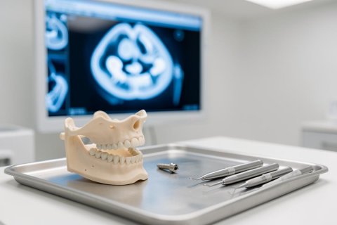 A professional dental clinic setting featuring a human jaw model, a dental implant, and stainless steel dental tools on a metal tray. In the blurred background, a large monitor displays a blue medical CT scan, suggesting oral surgery or dental implantology diagnostics.