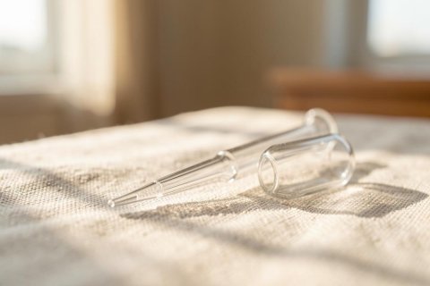 A clear glass pipette rests on a white textured fabric surface in a bright, sunlit room. Warm natural light streams through a window, creating soft shadows and a minimalist, airy atmosphere. The close-up shot features a shallow depth of field with a blurred indoor background, perfect for science, skincare, or laboratory-themed imagery.